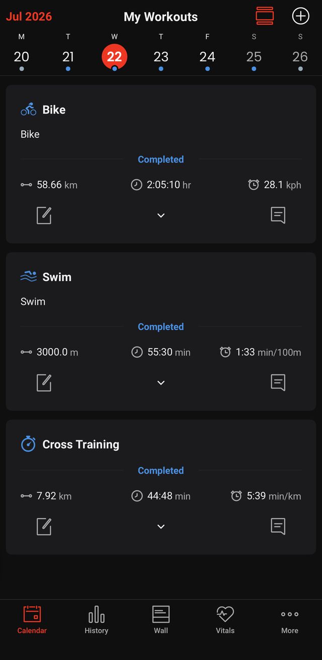 A SAINT-TRI training day in the Final Surge app: completed bike, swim and run sessions