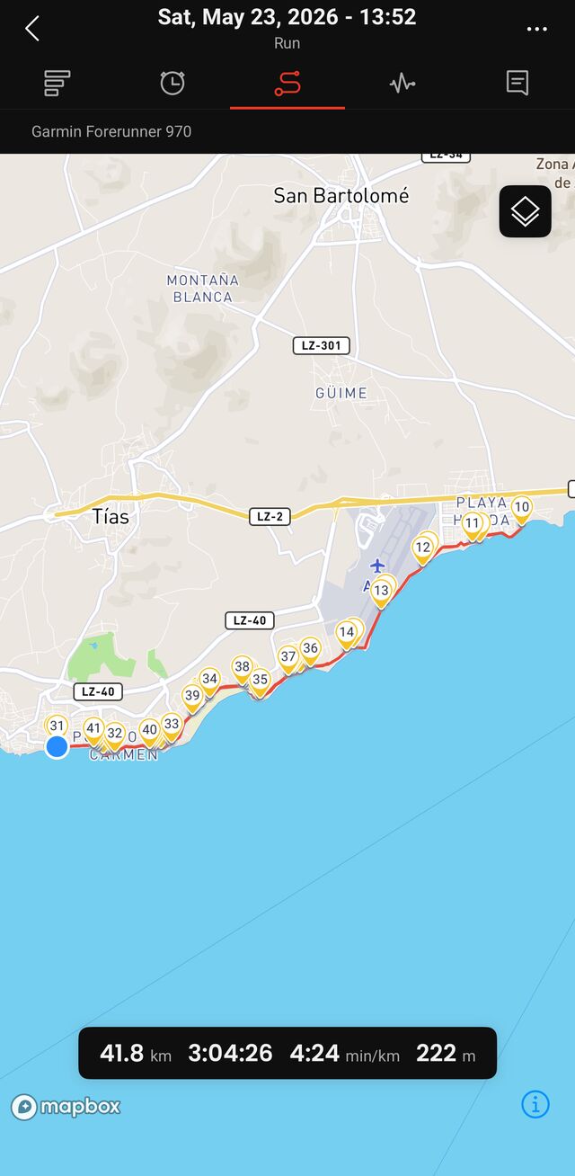 GPS route of a long run along the Lanzarote coast